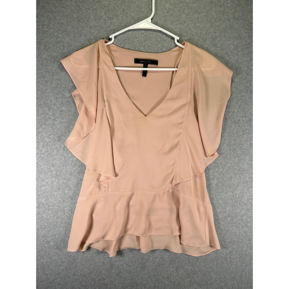 Stain*BCBGMAXAZRIA Womens Pink V-Neck Ruffle Peplum Sleeveless Blouse Size S